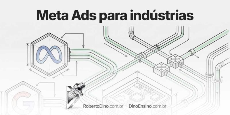 Infográfico técnico com o título "Meta Ads para indústrias" exibindo diagramas de tubulações de dados, logotipos da Meta e Google, e servidor central.