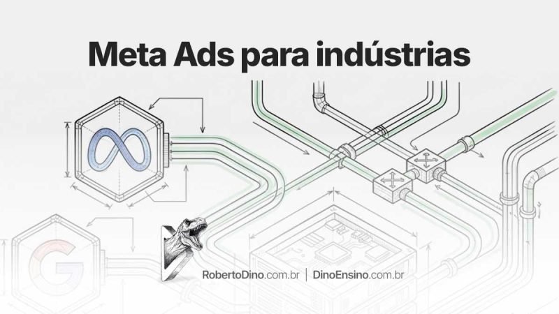 Infográfico técnico com o título "Meta Ads para indústrias" exibindo diagramas de tubulações de dados, logotipos da Meta e Google, e servidor central.