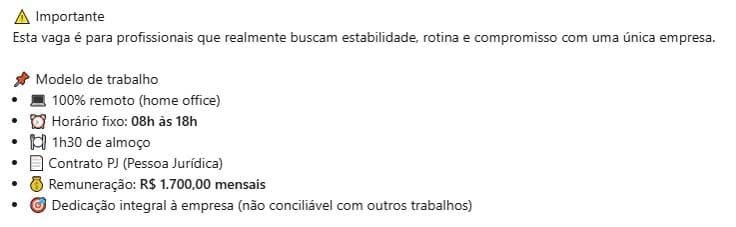 Captura de tela do anúncio de uma vaga de trabalho abusiva exigindo contrato PJ, horário fixo de 8h às 18h, dedicação exclusiva e remuneração de R$ 1.700,00 mensais.