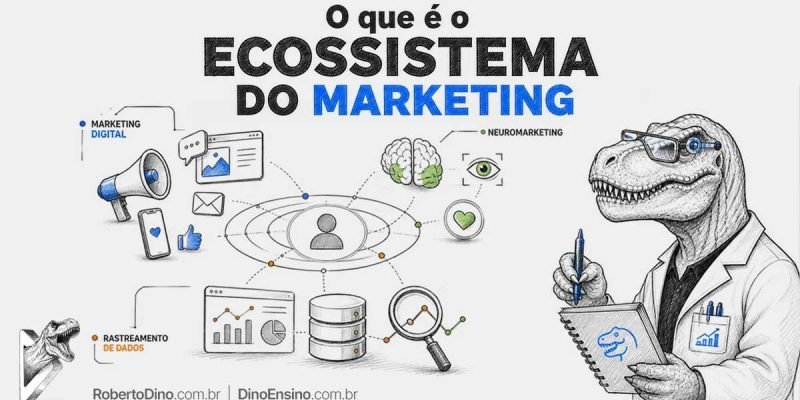 Infográfico ilustrado com o título "O que é o ECOSSISTEMA DO MARKETING" mostrando um T-Rex de jaleco analisando conexões entre marketing digital, neuromarketing e rastreamento de dados.