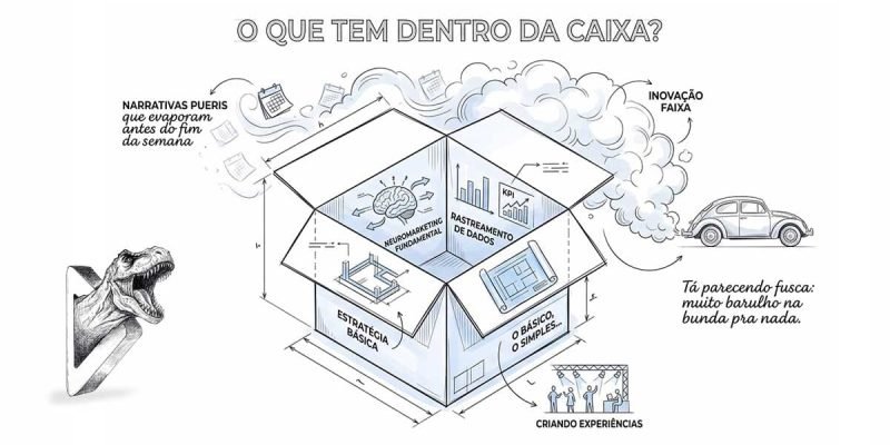 Ilustração com elementos do marketing que representam o "pensar fora da caixa" no marketing, sem saber o que tem dentro da caixa.
