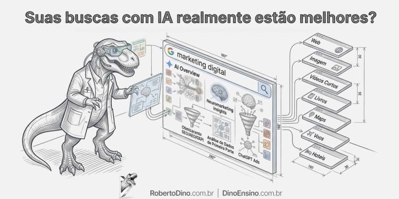 Ilustração com o título "Suas buscas com IA realmente estão melhores?" mostrando um dinossauro de jaleco operando um painel interativo de marketing digital, SEO e inteligência artificial.