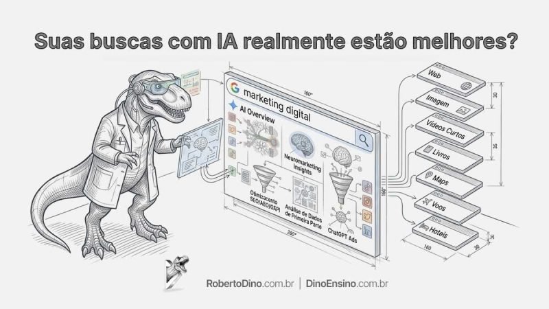 Ilustração com o título "Suas buscas com IA realmente estão melhores?" mostrando um dinossauro de jaleco operando um painel interativo de marketing digital, SEO e inteligência artificial.