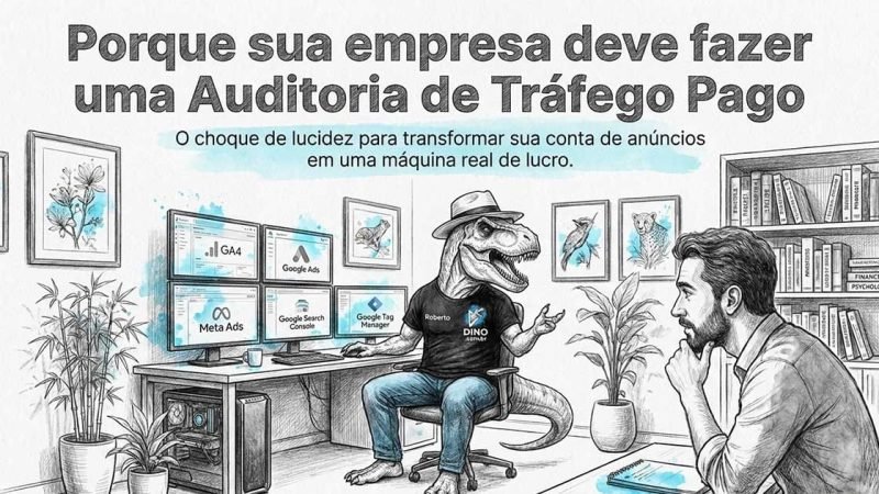 Infográfico ilustrado com o T-Rex especialista explicando uma auditoria de tráfego pago para um cliente em frente a múltiplos monitores de métricas. | Título: Porque sua empresa deve fazer uma Auditoria de Tráfego Pago