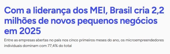 Referência de criação dos MEI nos cinco primeiros meses de 2025 somam mais de 77% do total, gerando 2,2 milhões de novos pequenos negócios.